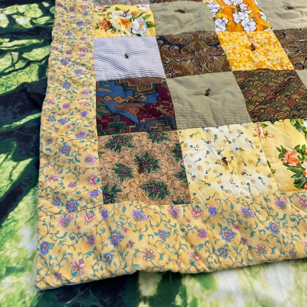 Handmade Patchwork Quilt 42x52 Yellow Floral Vintage Scrappy Tied Throw Blanket